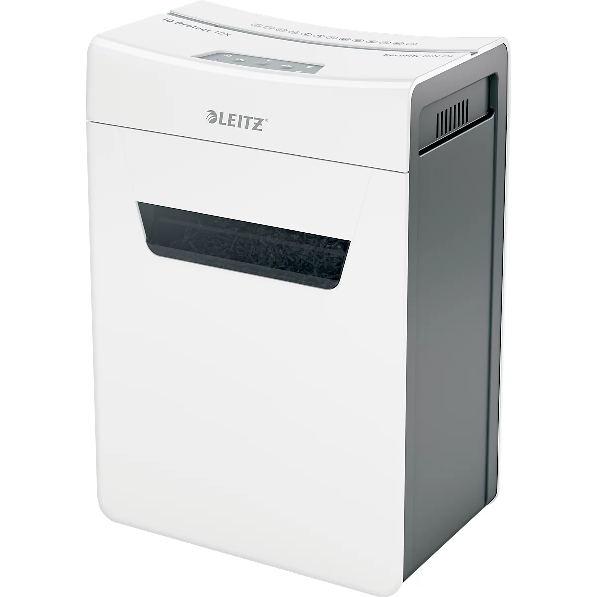 Leitz IQ 10X Protect Premium Aktenvernichter P4, Partikelschnitt 4 x 40 mm, 18 l, 10 Blatt Schnittleistung, Anti-Papierstau-Technologie, weiß