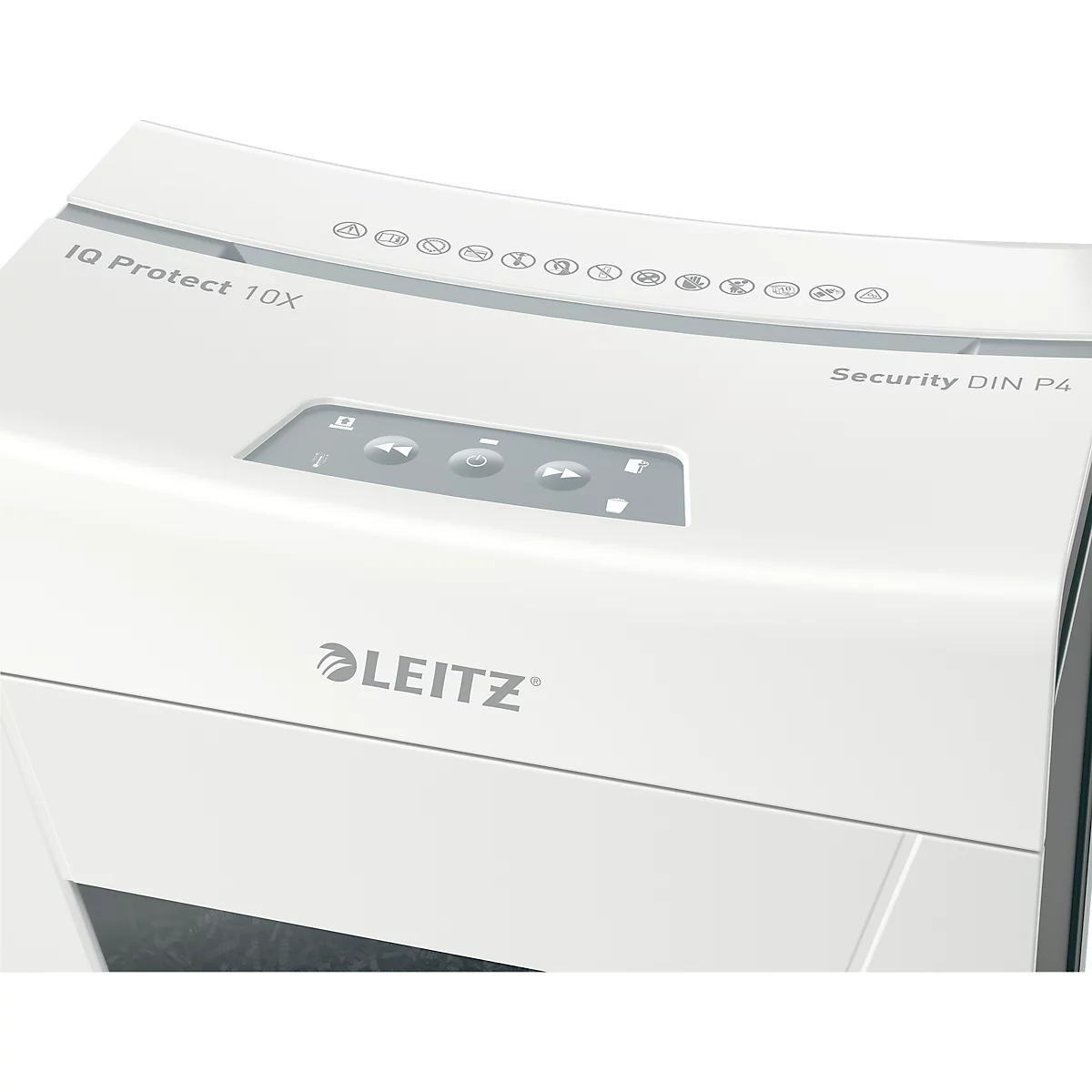 Leitz IQ 10X Protect Premium papiervernietiger P4, deeltjes 4 x 40 mm, 18 l, 10 vel snijcapaciteit, anti-papierstoringstechnologie, wit