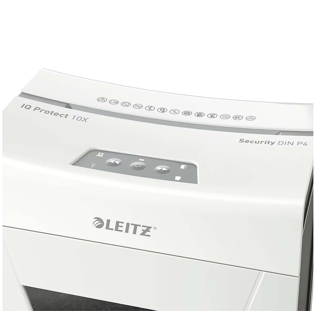 Leitz IQ 10X Protect Premium papiervernietiger P4, deeltjes 4 x 40 mm, 18 l, 10 vel snijcapaciteit, anti-papierstoringstechnologie, wit