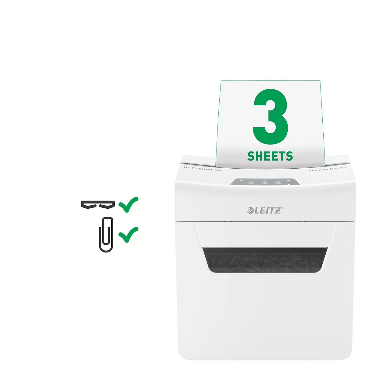 Leitz IQ 3M Protect Premium Aktenvernichter P5, Mikroschnitt 2 x 15 mm, 10 l, 3 Blatt Schnittleistung, Anti-Papierstau-Technologie, weiß