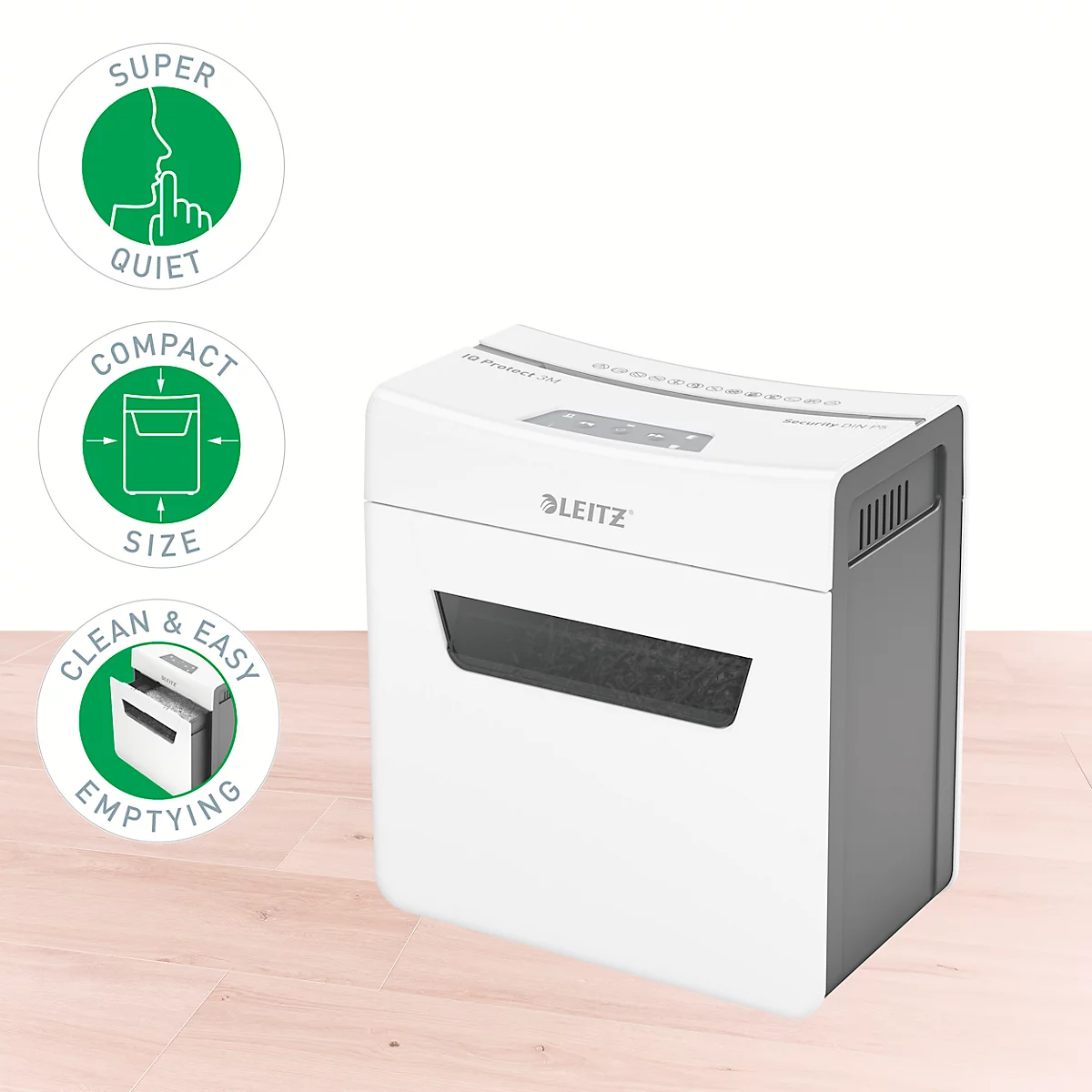Leitz IQ 3M Protect Premium Aktenvernichter P5, Mikroschnitt 2 x 15 mm, 10 l, 3 Blatt Schnittleistung, Anti-Papierstau-Technologie, weiß