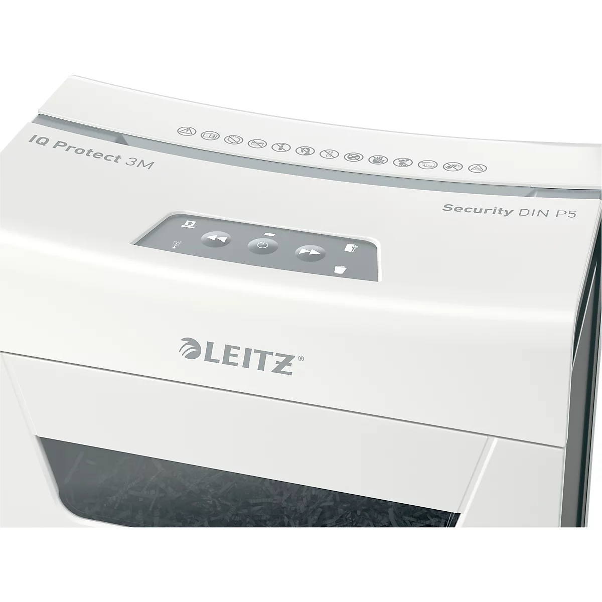 Leitz IQ 3M Protect Premium Aktenvernichter P5, Mikroschnitt 2 x 15 mm, 10 l, 3 Blatt Schnittleistung, Anti-Papierstau-Technologie, weiß