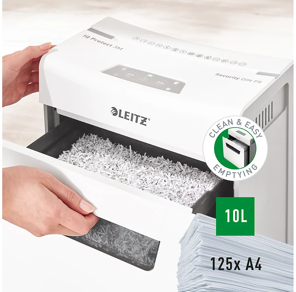 Leitz IQ 3M Protect Premium papiervernietiger P5, micro cut 2 x 15 mm, 10 l, snijcapaciteit van 3 vellen, anti-papierstoringstechnologie, wit
