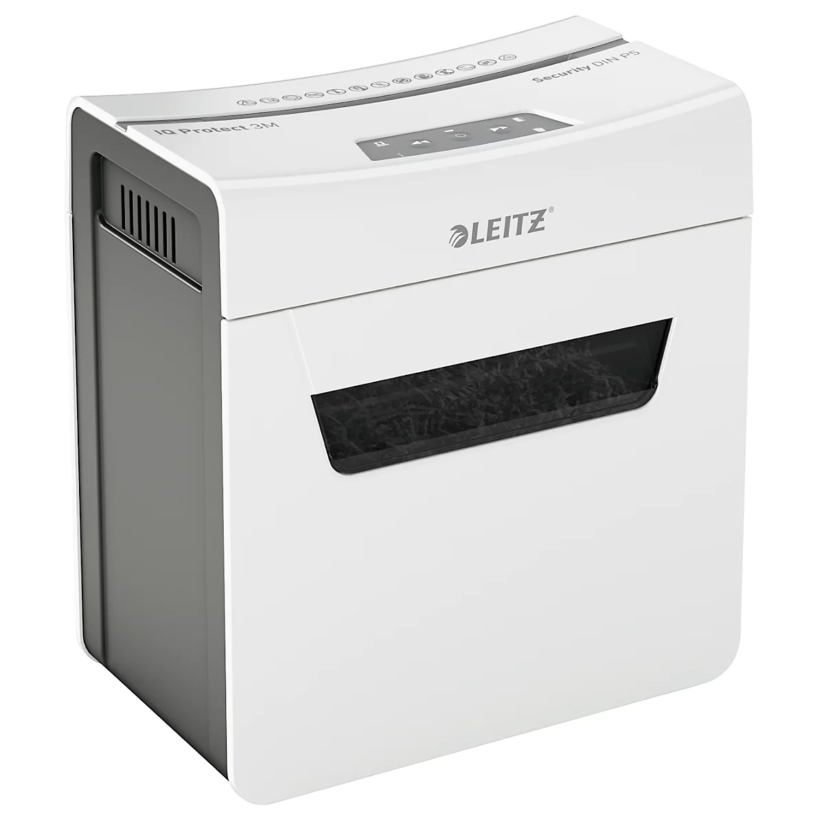Leitz IQ 3M Protect Premium papiervernietiger P5, micro cut 2 x 15 mm, 10 l, snijcapaciteit van 3 vellen, anti-papierstoringstechnologie, wit