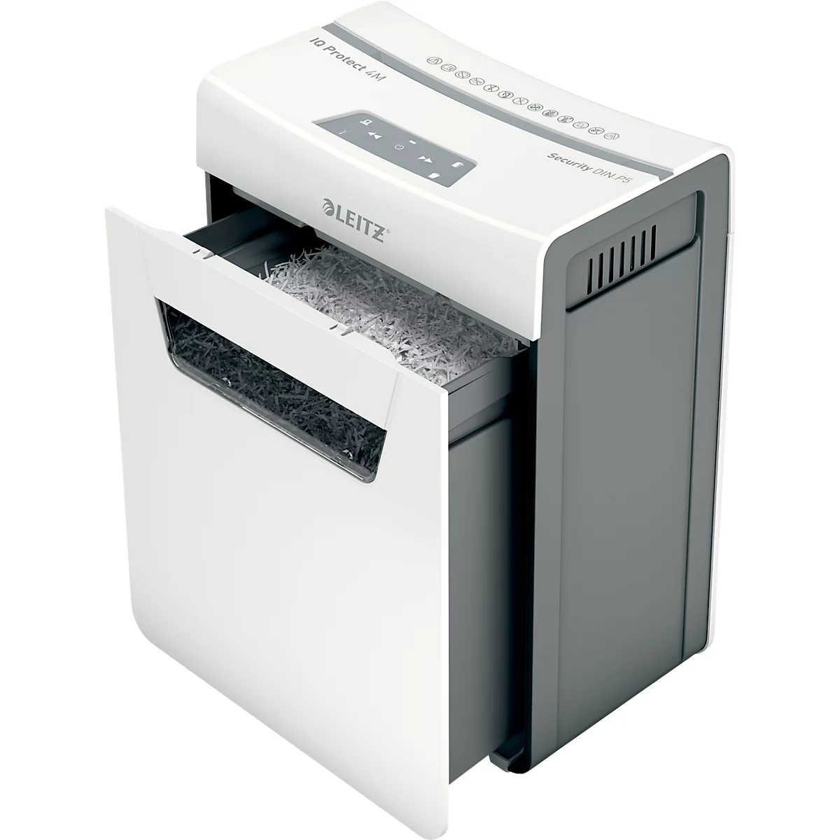 Leitz IQ 4M Protect Premium Aktenvernichter P5, Mikroschnitt 2 x 15 mm, 14 l, 4 Blatt Schnittleistung, Anti-Papierstau-Technologie, weiß