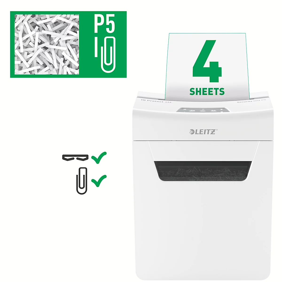 Leitz IQ 4M Protect Premium Aktenvernichter P5, Mikroschnitt 2 x 15 mm, 14 l, 4 Blatt Schnittleistung, Anti-Papierstau-Technologie, weiß