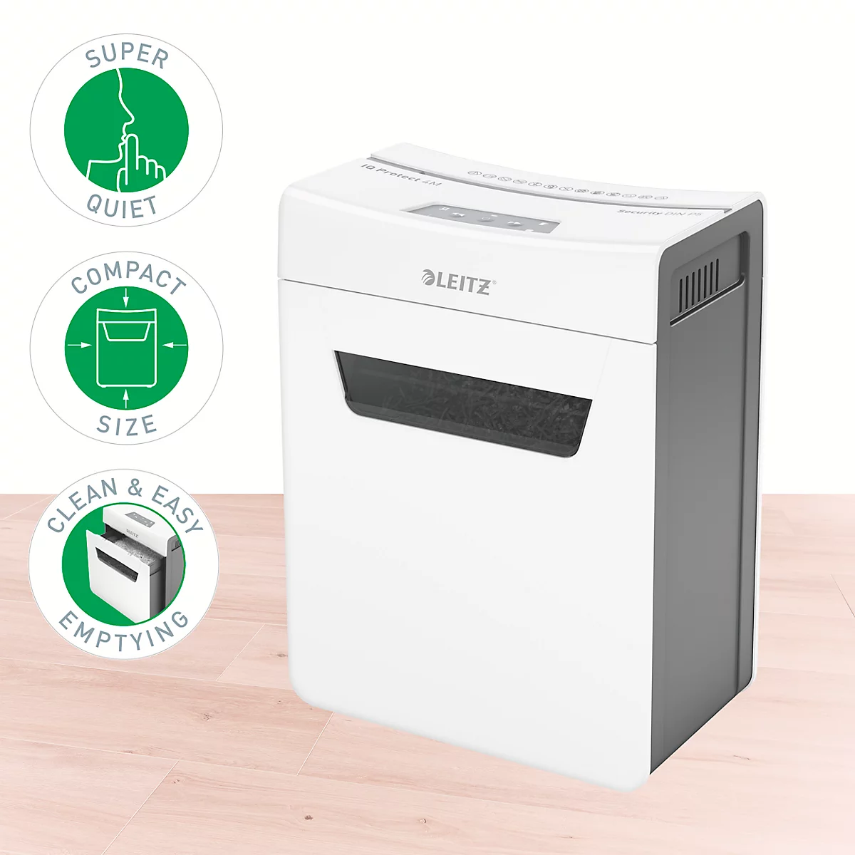 Leitz IQ 4M Protect Premium Aktenvernichter P5, Mikroschnitt 2 x 15 mm, 14 l, 4 Blatt Schnittleistung, Anti-Papierstau-Technologie, weiß