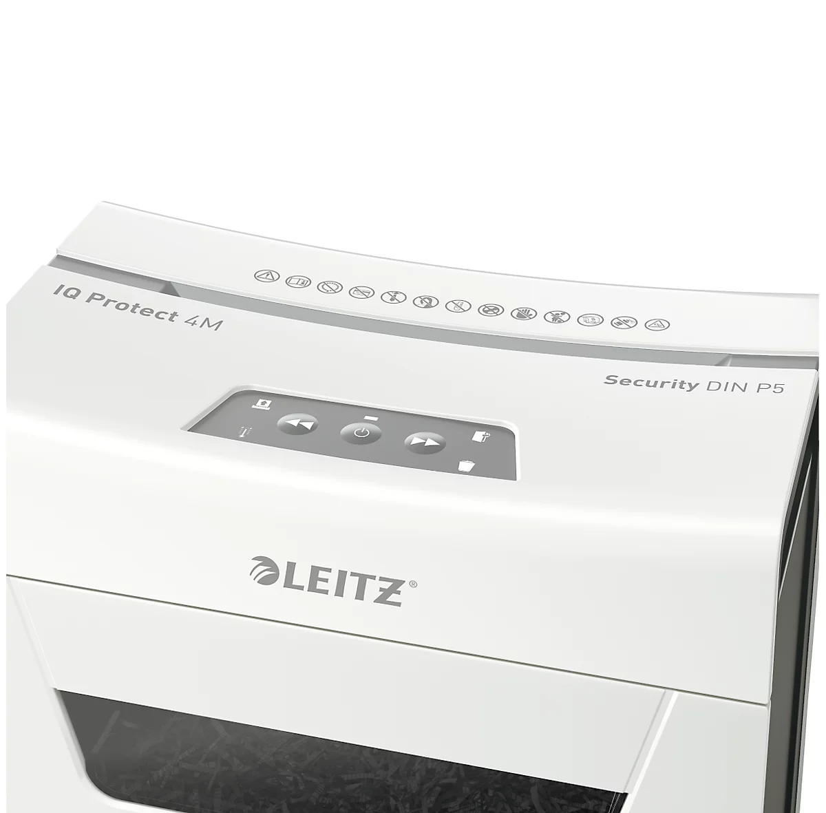 Leitz IQ 4M Protect Premium papiervernietiger P5, micro cut 2 x 15 mm, 14 l, snijcapaciteit van 4 vellen, anti-papierstoringstechnologie, wit