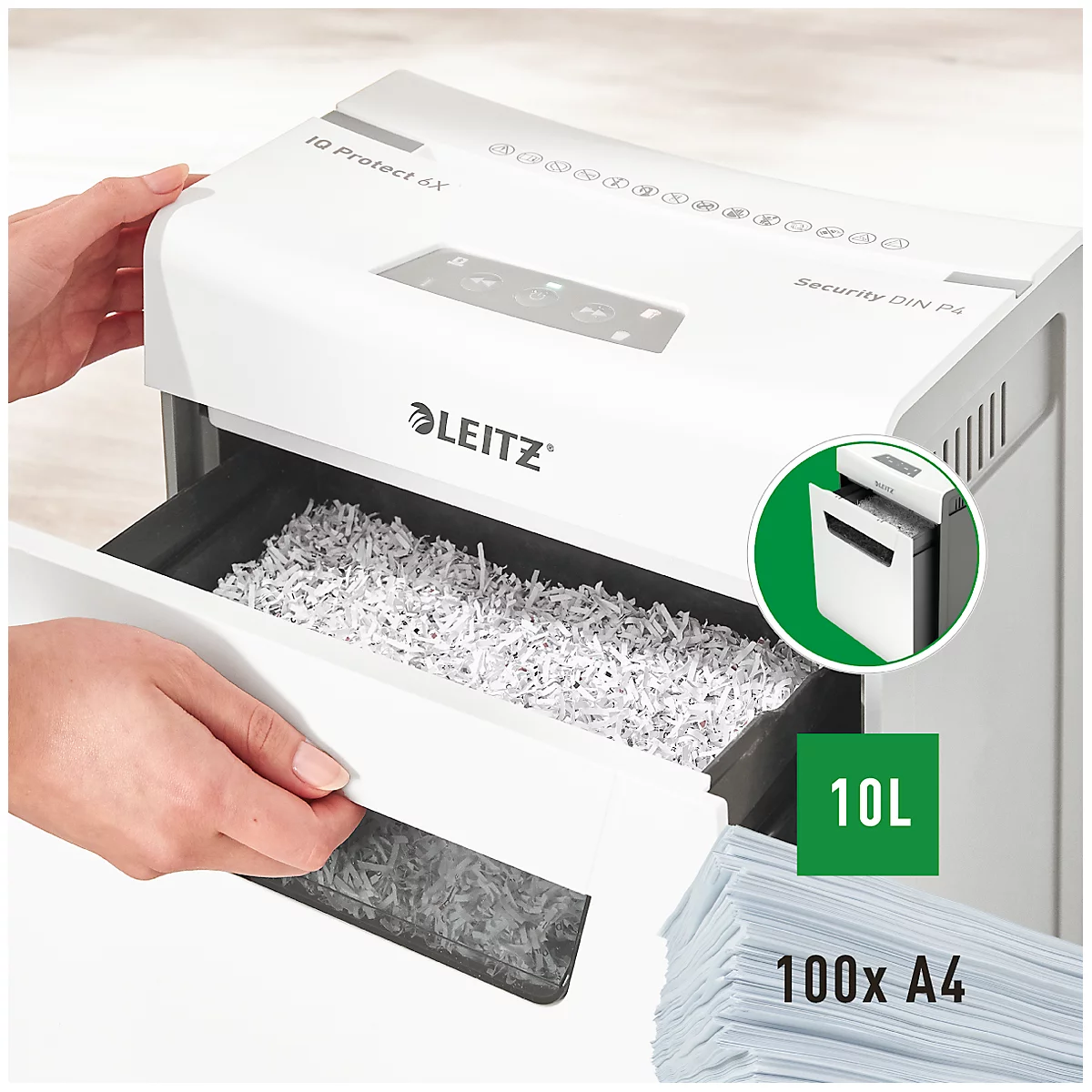 Leitz IQ 6X Protect Premium Aktenvernichter P4, Partikelschnitt 4 x 40 mm, 10 l, 6 Blatt Schnittleistung, Anti-Papierstau-Technologie, weiß