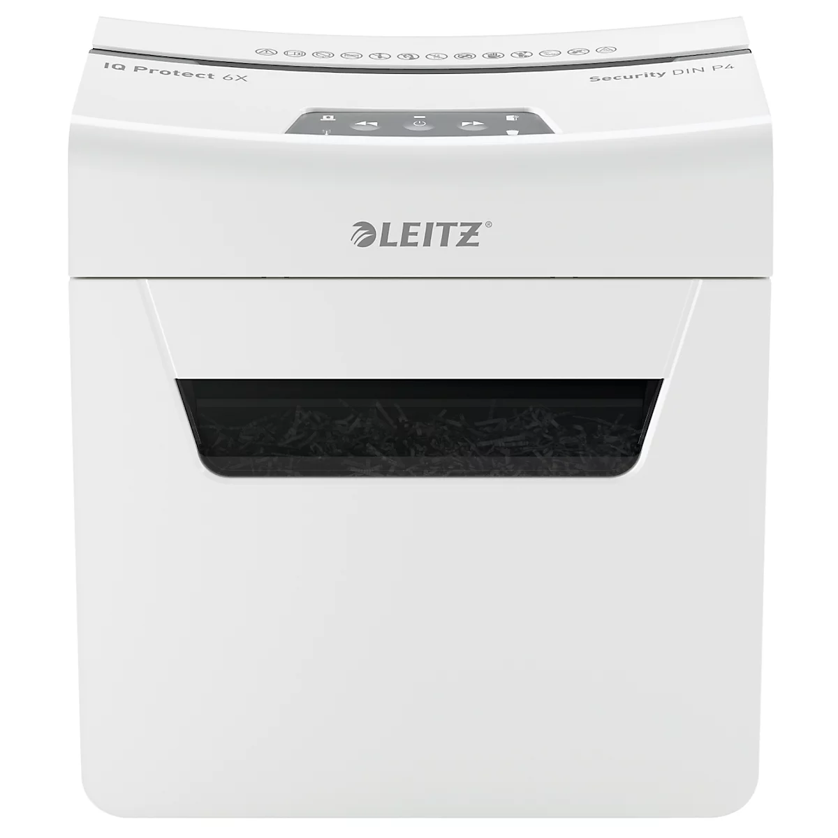 Leitz IQ 6X Protect Premium Aktenvernichter P4, Partikelschnitt 4 x 40 mm, 10 l, 6 Blatt Schnittleistung, Anti-Papierstau-Technologie, weiß