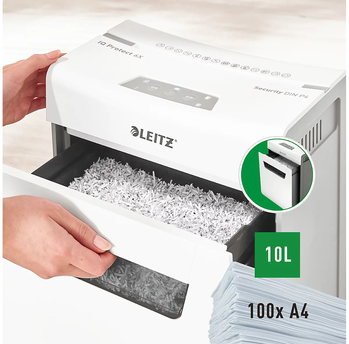 Leitz IQ 6X Protect Premium papiervernietiger P4, deeltjes 4 x 40 mm, 10 l, 6 vel snijcapaciteit, anti-papierstoringstechnologie, wit