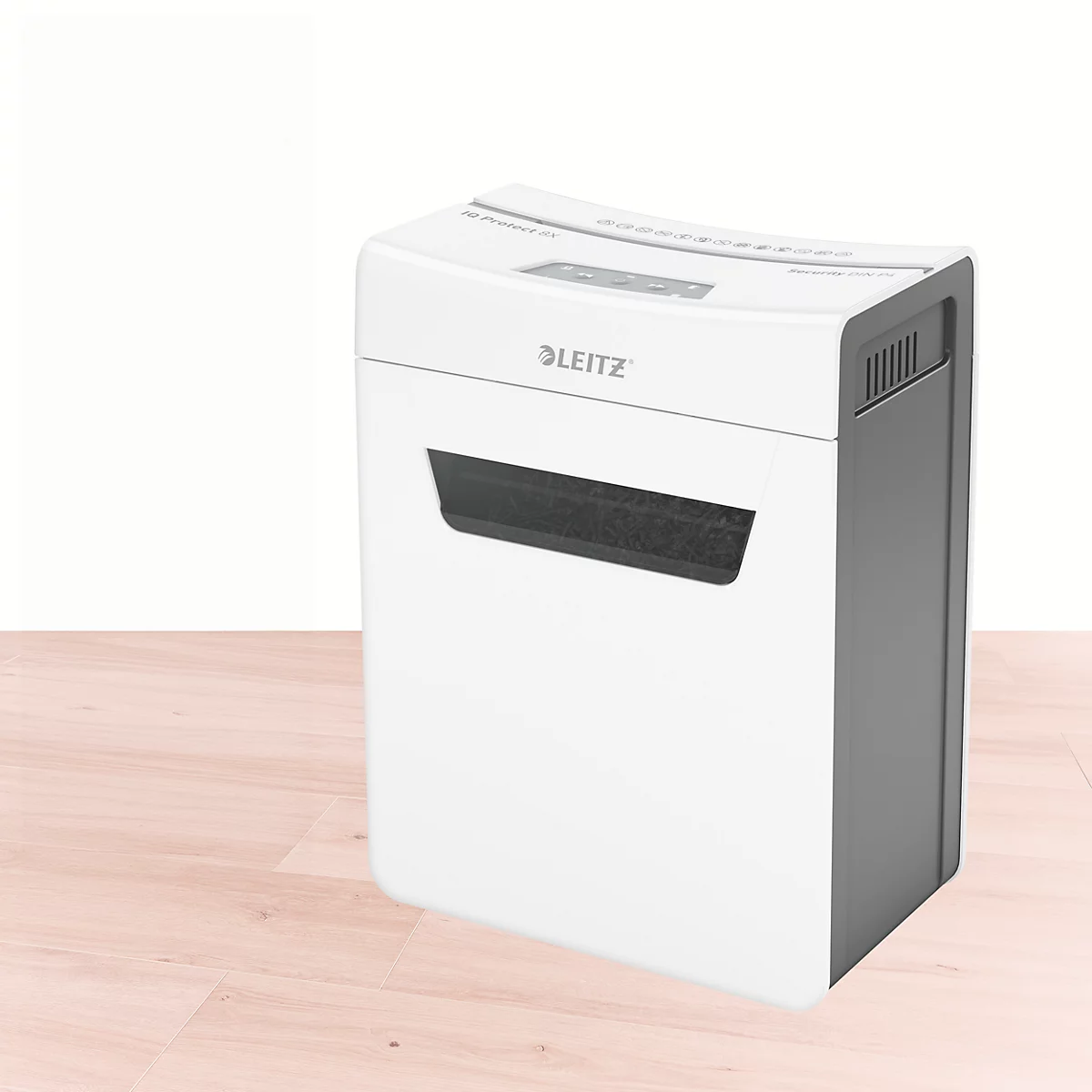 Leitz IQ 8X Protect Premium Aktenvernichter P4, Partikelschnitt 4 x 40 mm, 14 l, 8 Blatt Schnittleistung, Anti-Papierstau-Technologie, weiß