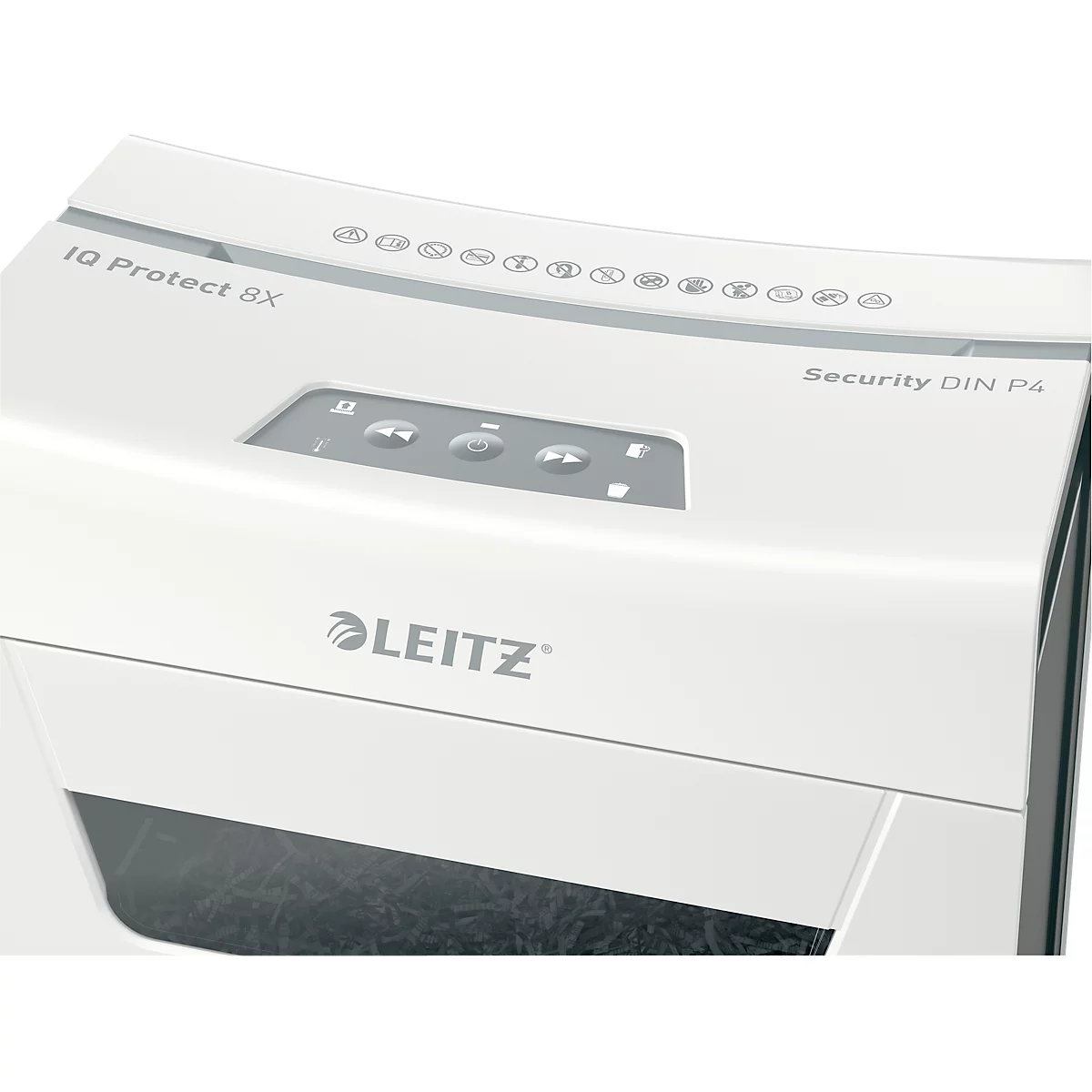 Leitz IQ 8X Protect Premium Aktenvernichter P4, Partikelschnitt 4 x 40 mm, 14 l, 8 Blatt Schnittleistung, Anti-Papierstau-Technologie, weiß