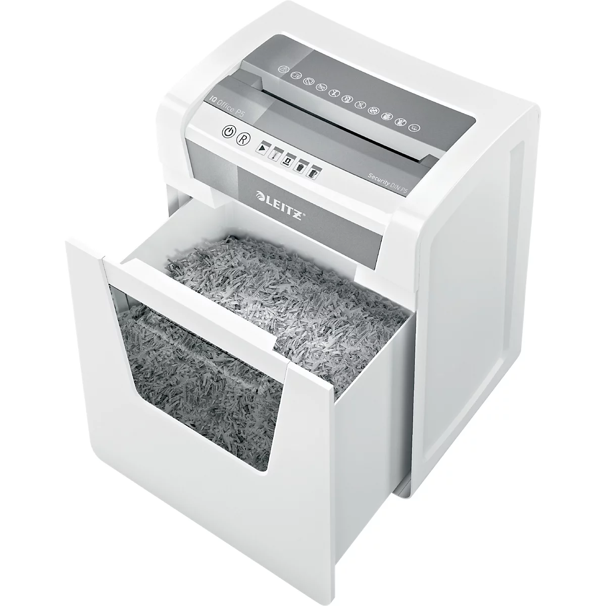 Leitz IQ Aktenvernichter P-5, 10 Blatt 80 g/m², 23 l Behälter, Touch Control, leise Weiß