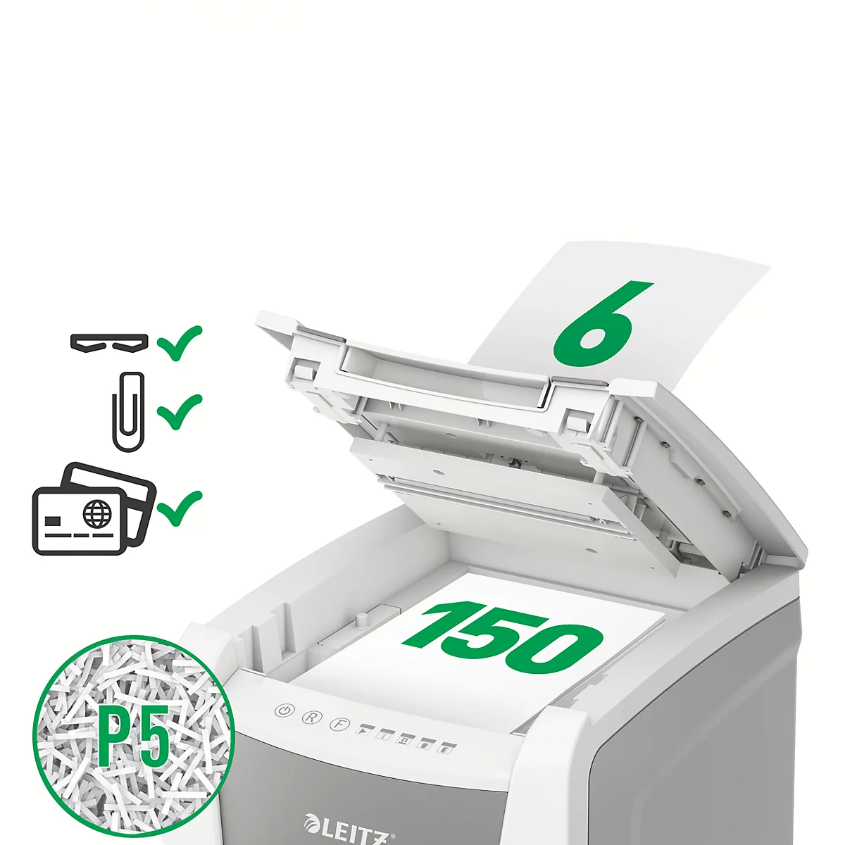 Leitz IQ Autofeed Office 150 papiervernietiger P5, volledig automatisch, micro cut 2 x 15 mm, 44 l, 150 vel snijcapaciteit, wit