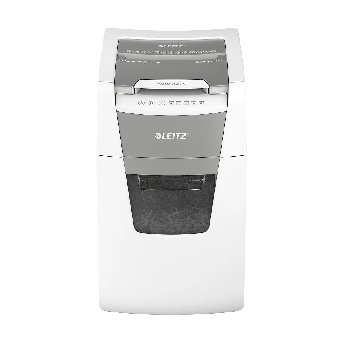 A white paper shredder with grey elements. The Leitz lettering and the word "Automatic" are visible.