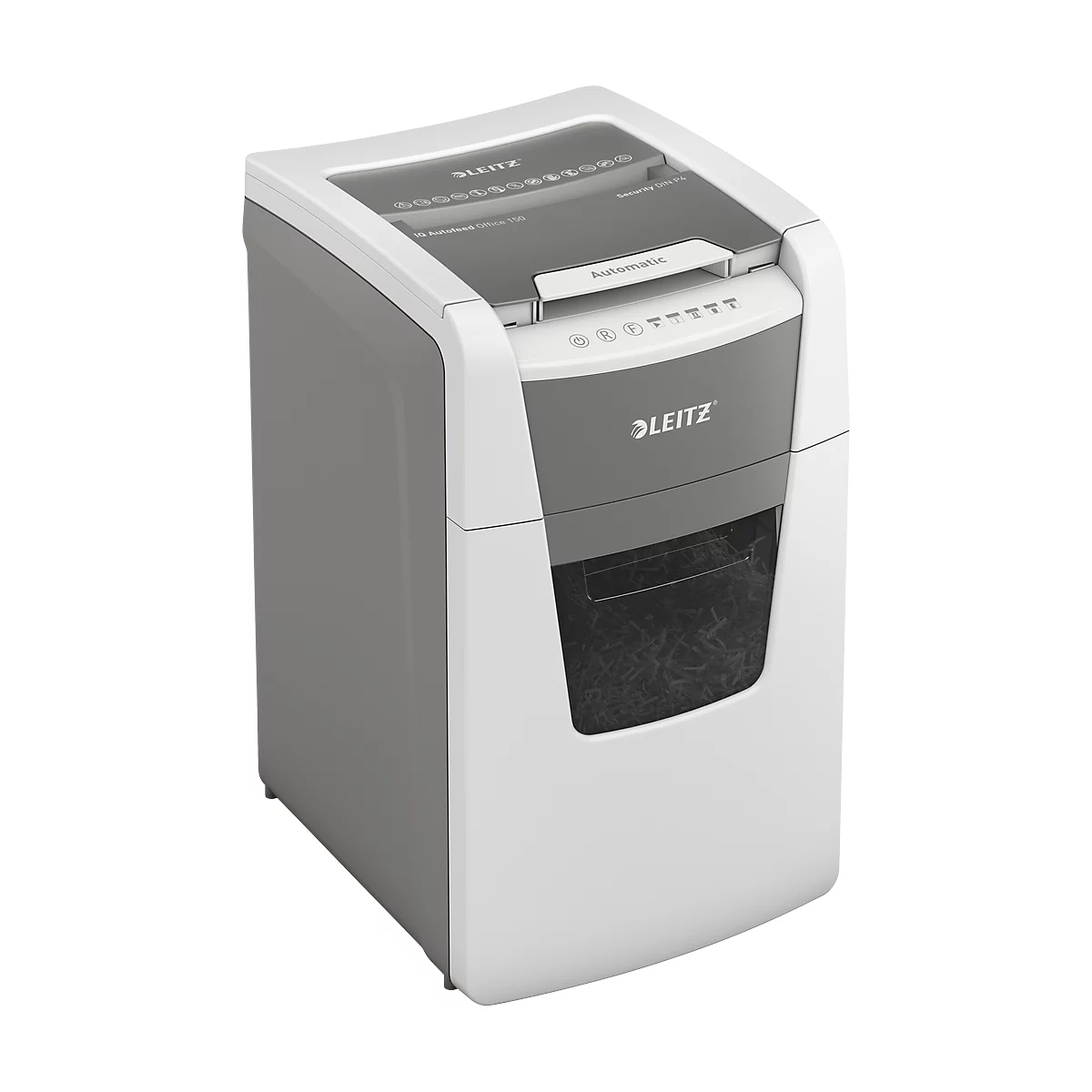 Shredder, white and grey, with Leitz logo and control panel.