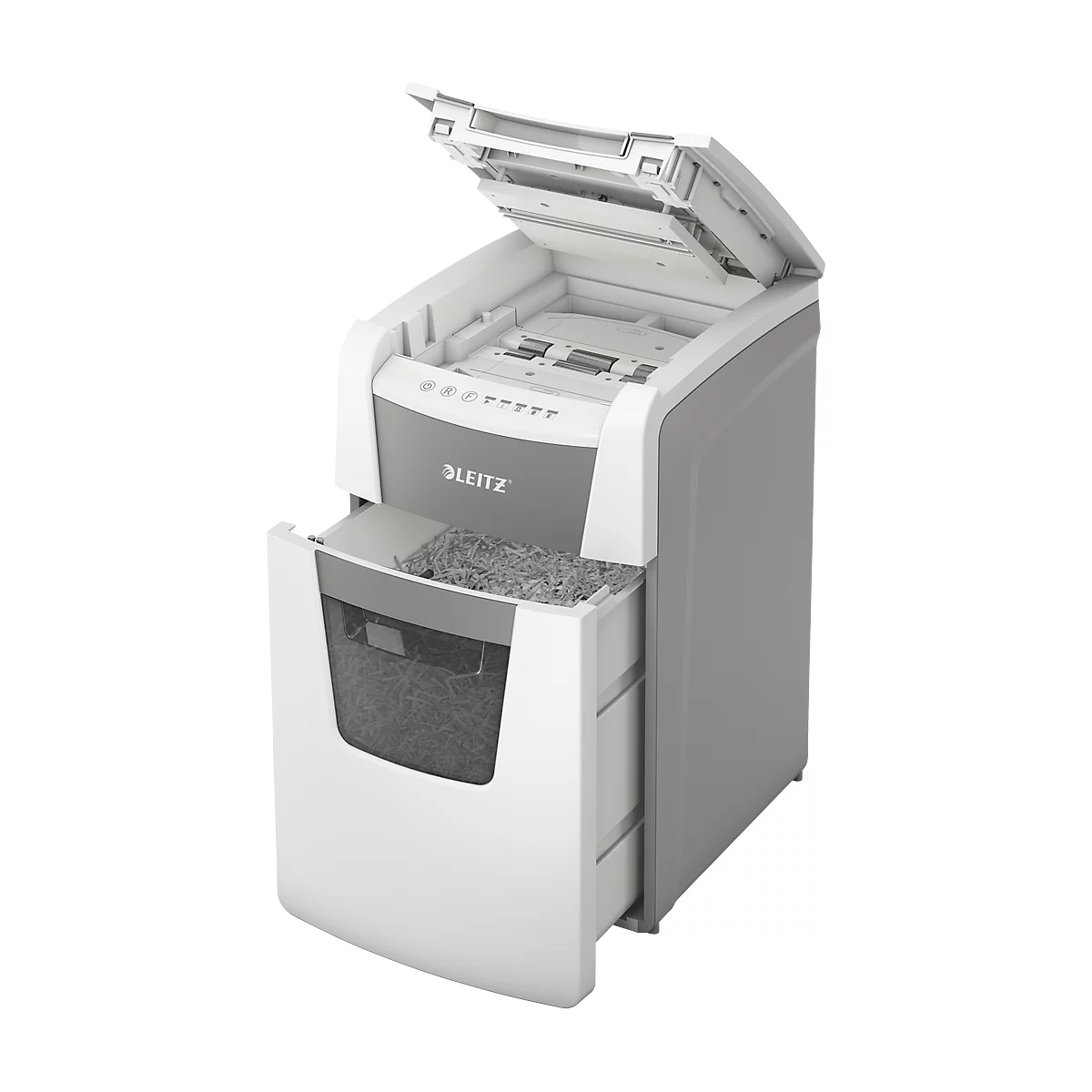 Shredder with open lid, waste container is open.