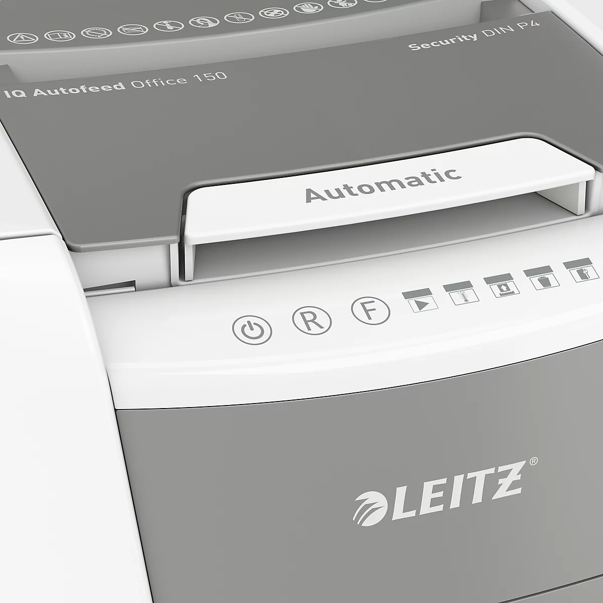 Grey and white Leitz brand shredder. "Automatic" is written on top, symbols below. The model name is "IQ Autofeed Office 150".