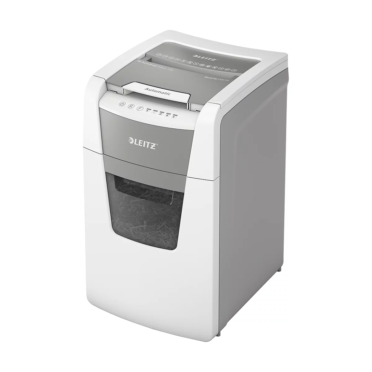 Leitz shredder. Gray and white casing, paper outlet with shredded paper. Control panel with buttons.