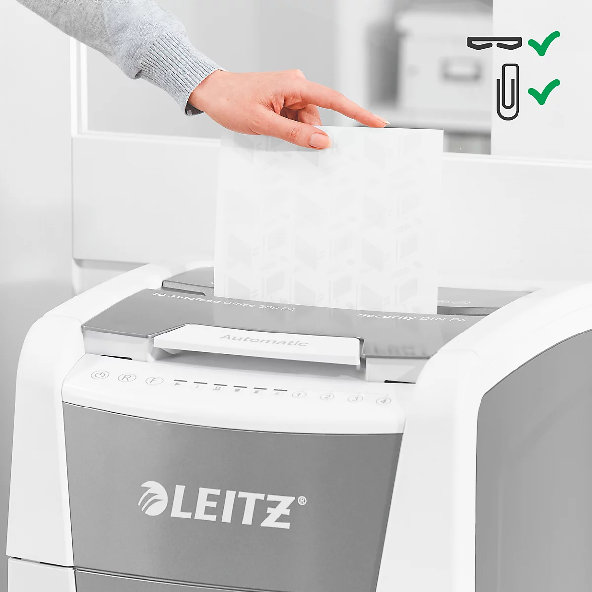 Leitz IQ Autofeed Office 300 Aktenvernichter P4, Vollautomatik, Partikelschnitt 4 x 30 mm, 60 lr, 300 Blatt Schnittleistung, mit Rollen, weiß