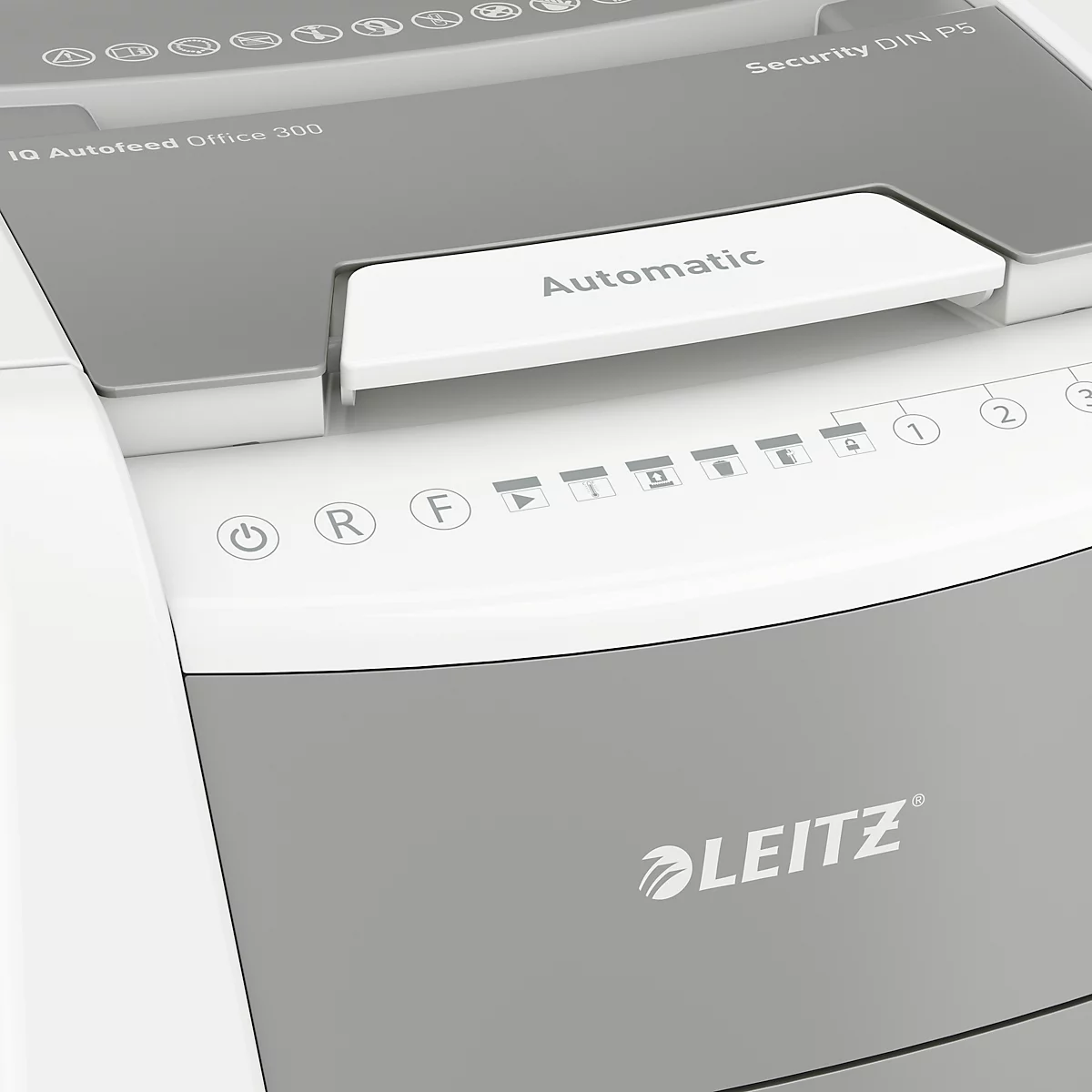 Leitz IQ Autofeed Office 300 Aktenvernichter P5, Vollautomatik, Mikroschnitt 2 x 15 mm, 60 l, 300 Blatt Schnittleistung, mit Rollen, weiß