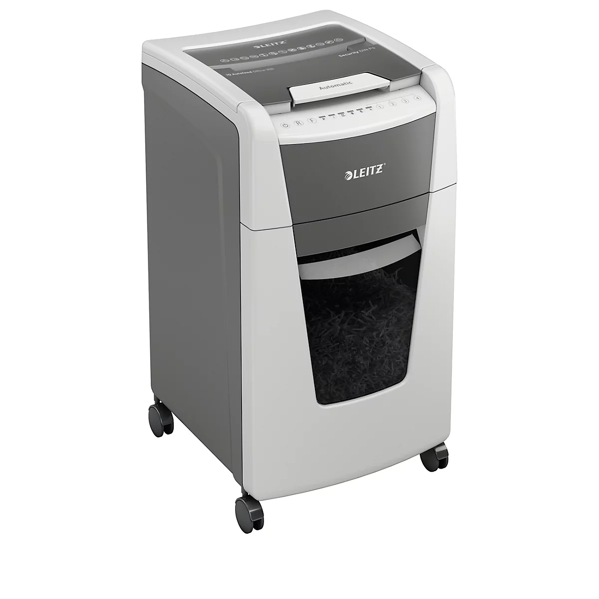 Leitz IQ Autofeed Office 300 papiervernietiger P4, volledig automatisch, deeltjes snijden 4 x 30 mm, 60 lr, 300 vel snijcapaciteit, met rollen, wit