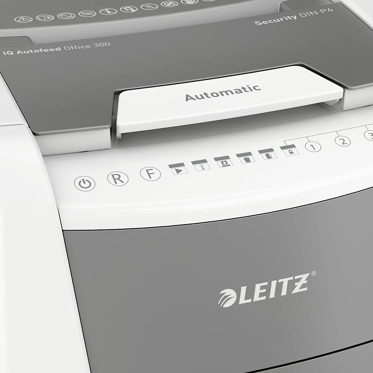Leitz IQ Autofeed Office 300 papiervernietiger P4, volledig automatisch, deeltjes snijden 4 x 30 mm, 60 lr, 300 vel snijcapaciteit, met rollen, wit