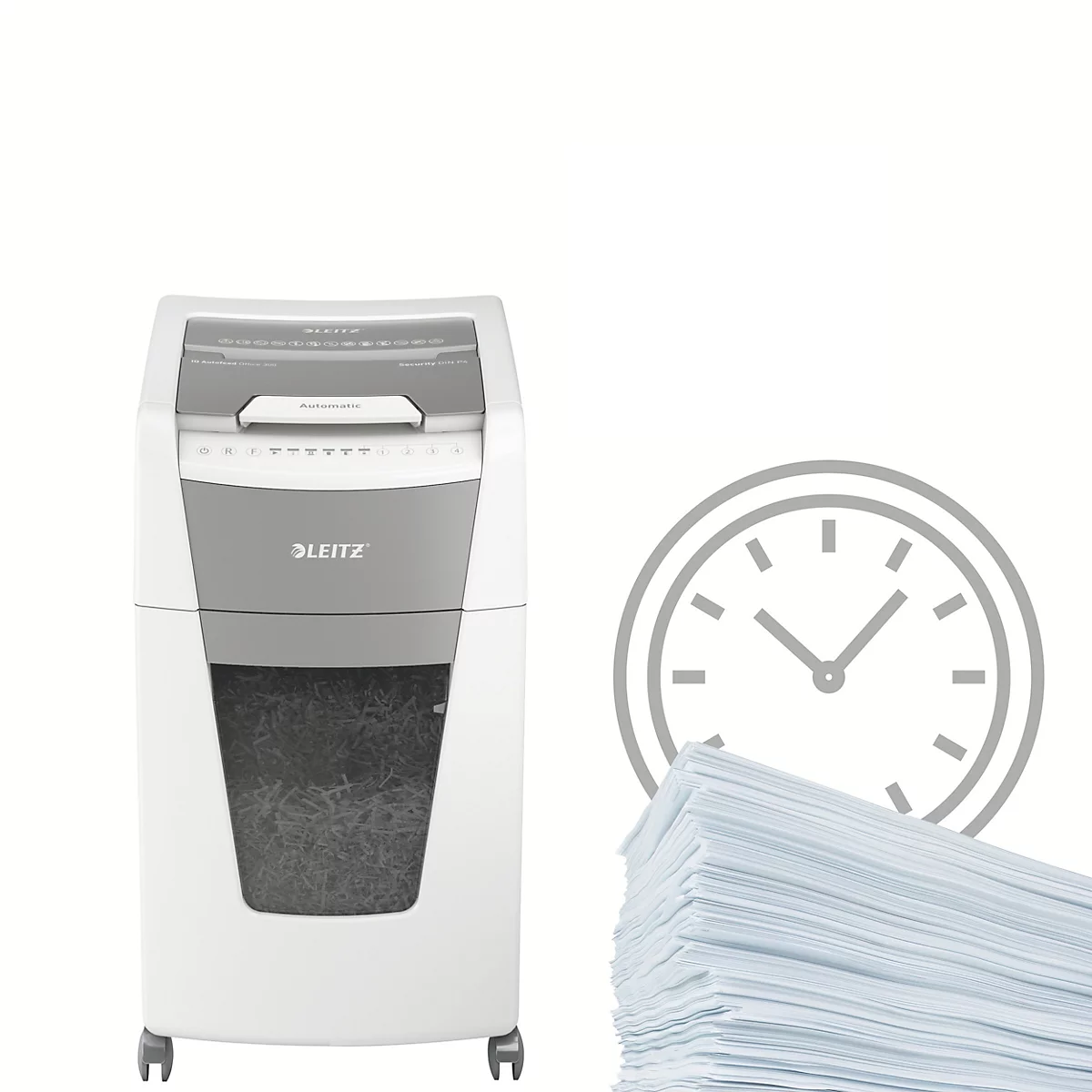 Leitz IQ Autofeed Office 300 papiervernietiger P4, volledig automatisch, deeltjes snijden 4 x 30 mm, 60 lr, 300 vel snijcapaciteit, met rollen, wit