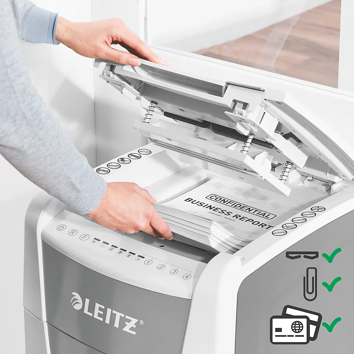 Leitz IQ Autofeed Office 300 papiervernietiger P4, volledig automatisch, deeltjes snijden 4 x 30 mm, 60 lr, 300 vel snijcapaciteit, met rollen, wit