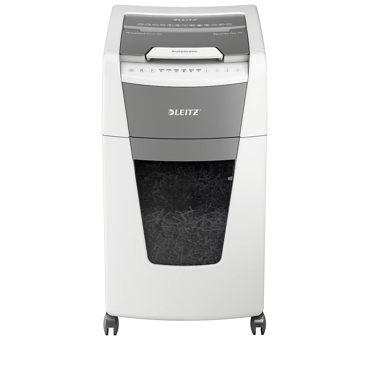 Leitz IQ Autofeed Office 300 papiervernietiger P5, volautomatisch, micro cut 2 x 15 mm, 60 l, 300 vel snijcapaciteit, met rollen, wit