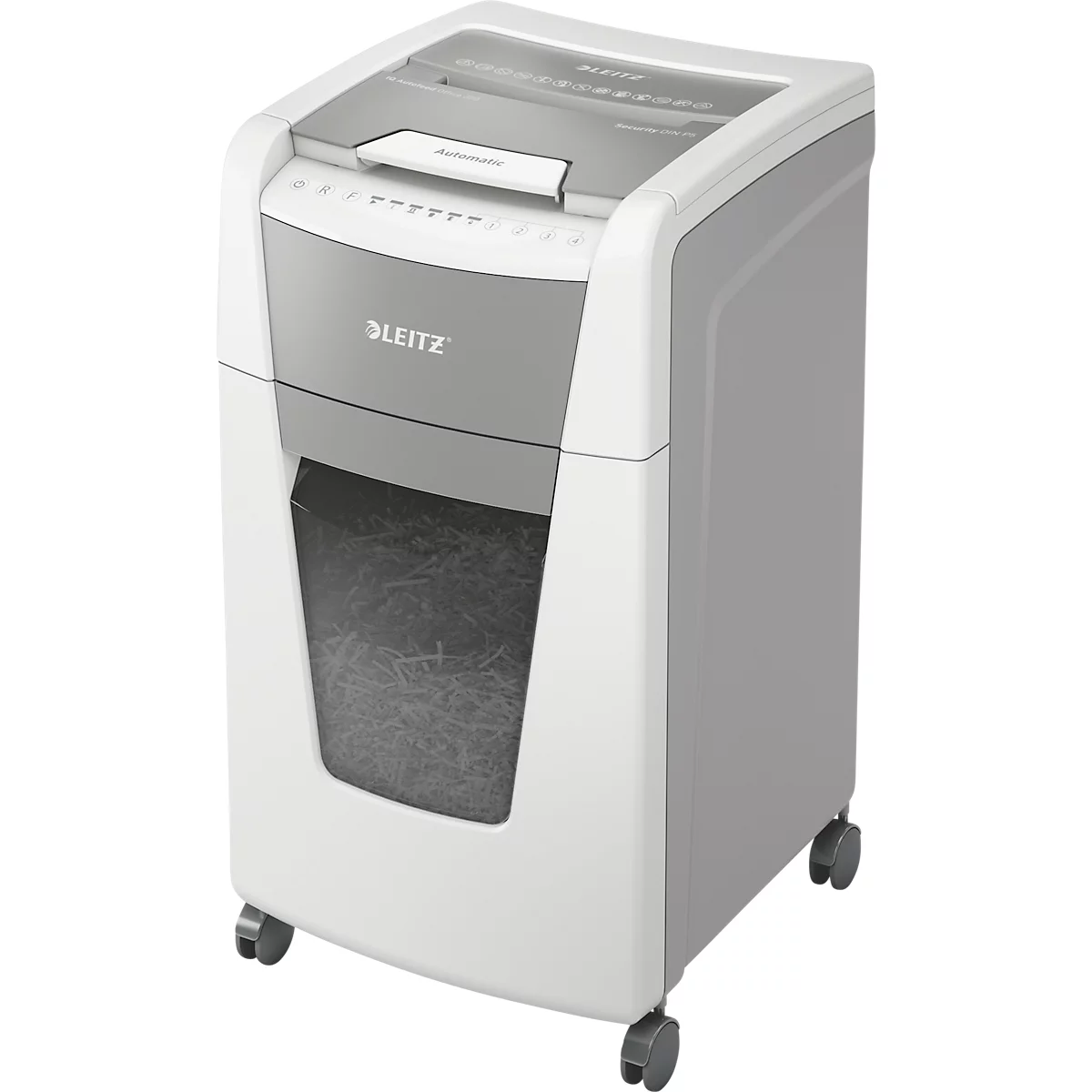 Leitz IQ Autofeed Office 300 papiervernietiger P5, volautomatisch, micro cut 2 x 15 mm, 60 l, 300 vel snijcapaciteit, met rollen, wit