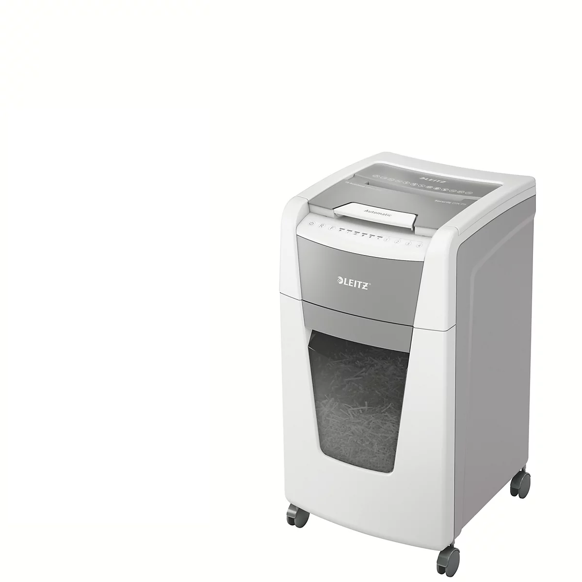 Leitz IQ Autofeed Office 300 papiervernietiger P5, volautomatisch, micro cut 2 x 15 mm, 60 l, 300 vel snijcapaciteit, met rollen, wit
