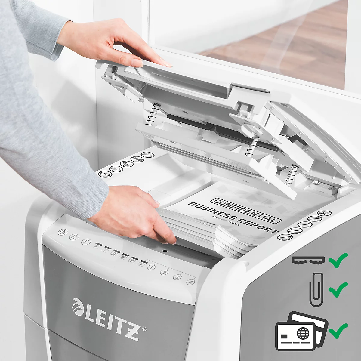 Leitz IQ Autofeed Office 300 papiervernietiger P5, volautomatisch, micro cut 2 x 15 mm, 60 l, 300 vel snijcapaciteit, met rollen, wit