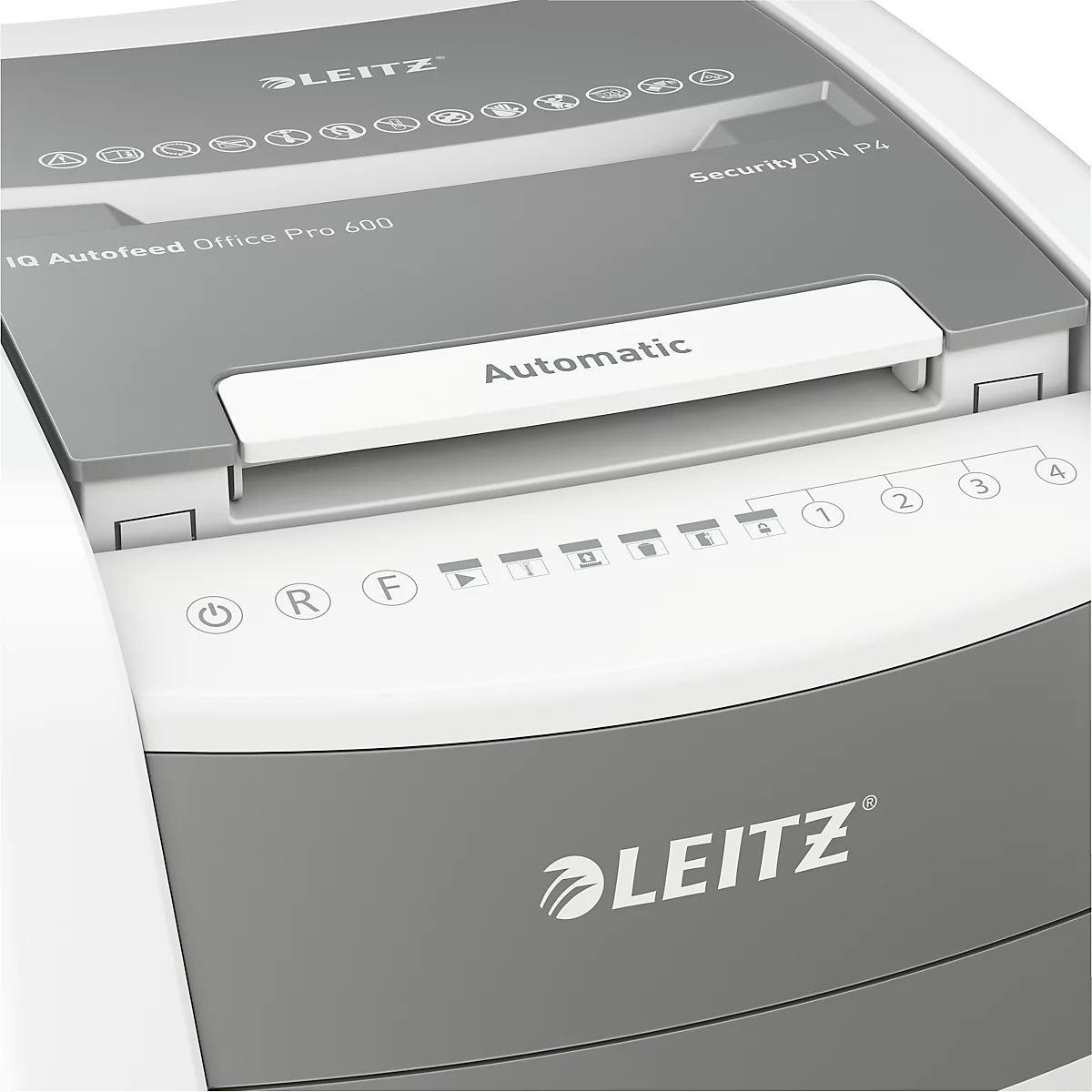 Leitz IQ Autofeed Office Pro 600 Aktenvernichter P4, Vollautomatik, Partikelschnitt 4 x 36 mm, 110 l, 600 Blatt Schnittleistung, mit Rollen, weiß