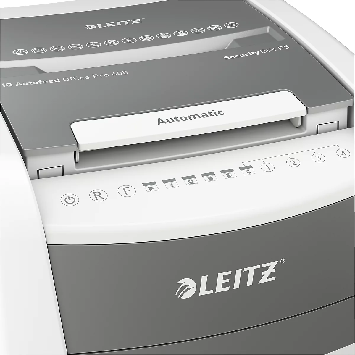 Leitz IQ Autofeed Office Pro 600 Aktenvernichter P5, Vollautomatik, Mikroschnitt 2 x 15 mm, 110 l, 600 Blatt Schnittleistung, mit Rollen, weiß