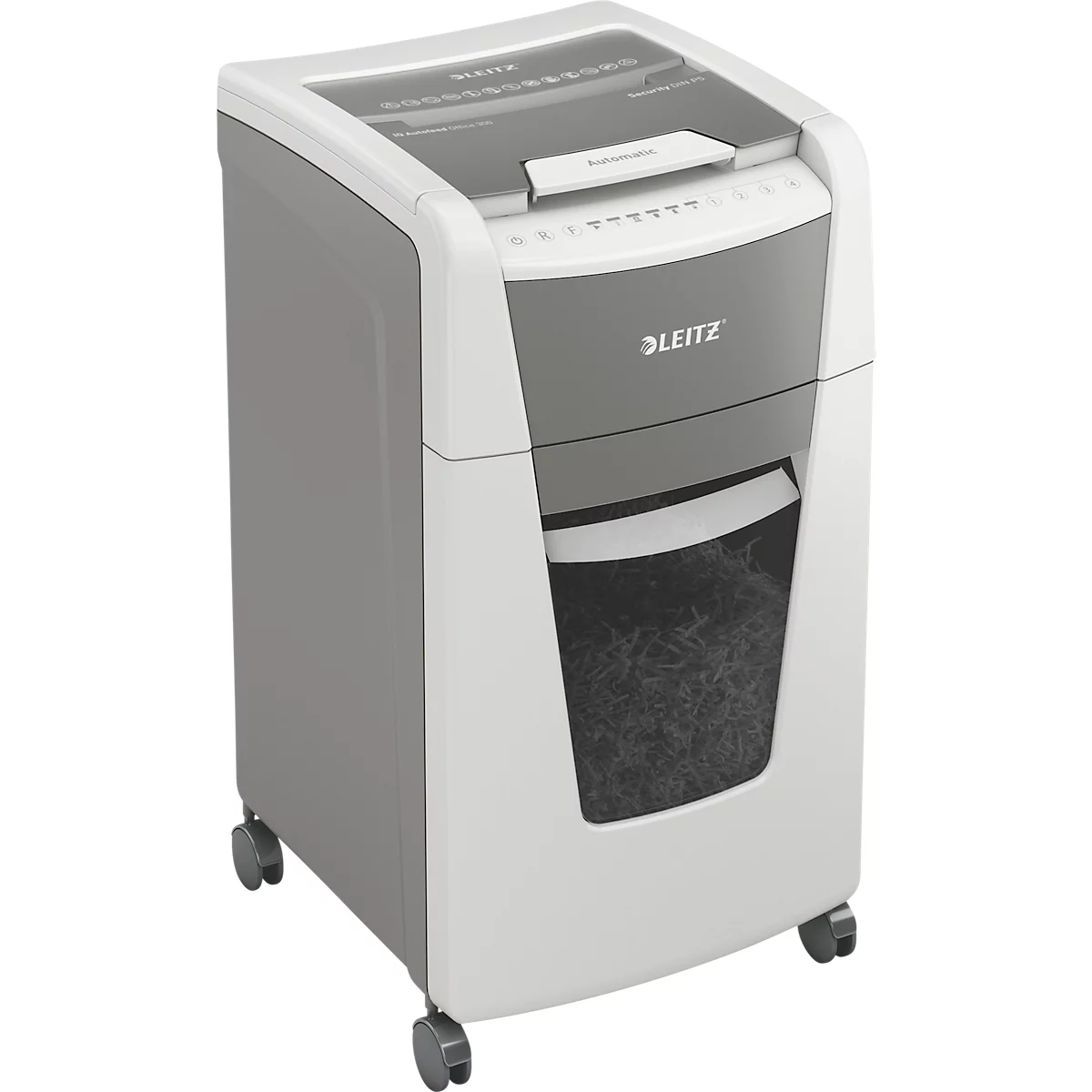 Leitz IQ Autofeed Office Pro 600 papiervernietiger P4, volledig automatisch, deeltjes snijden 4 x 36 mm, 110 l, 600 vel snijcapaciteit, met rollen, wit