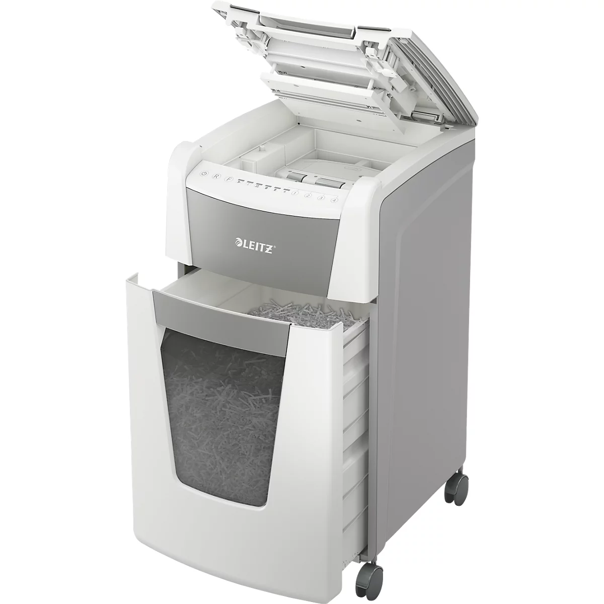 Leitz IQ Autofeed Office Pro 600 papiervernietiger P4, volledig automatisch, deeltjes snijden 4 x 36 mm, 110 l, 600 vel snijcapaciteit, met rollen, wit