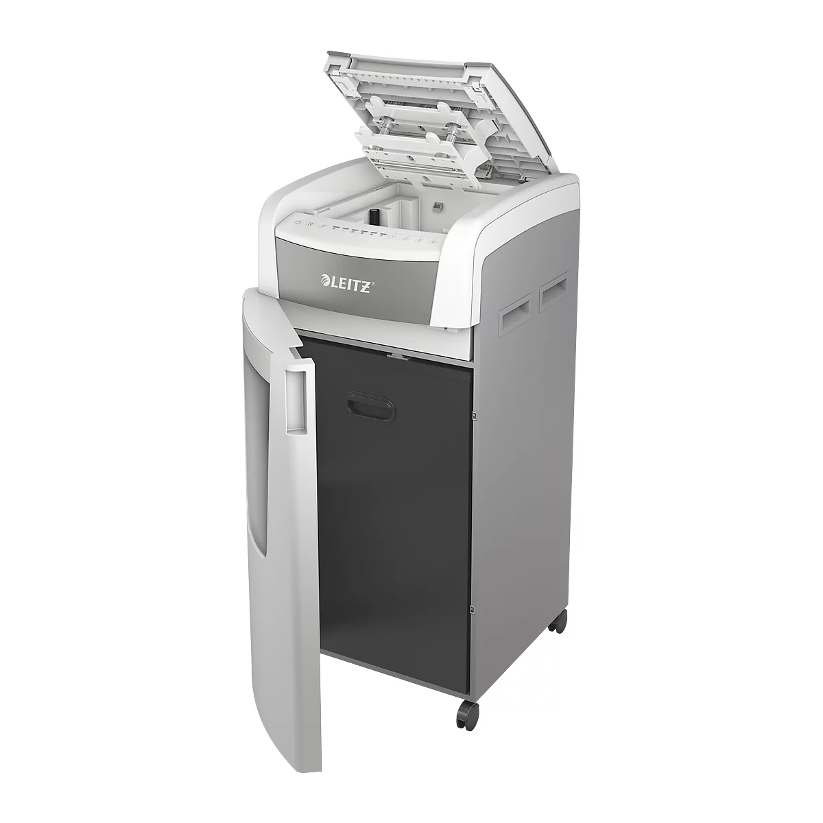 Leitz IQ Autofeed Office Pro 600 papiervernietiger P5, volautomatisch, micro cut 2 x 15 mm, 110 l, snijcapaciteit 600 vel, met rollen, wit