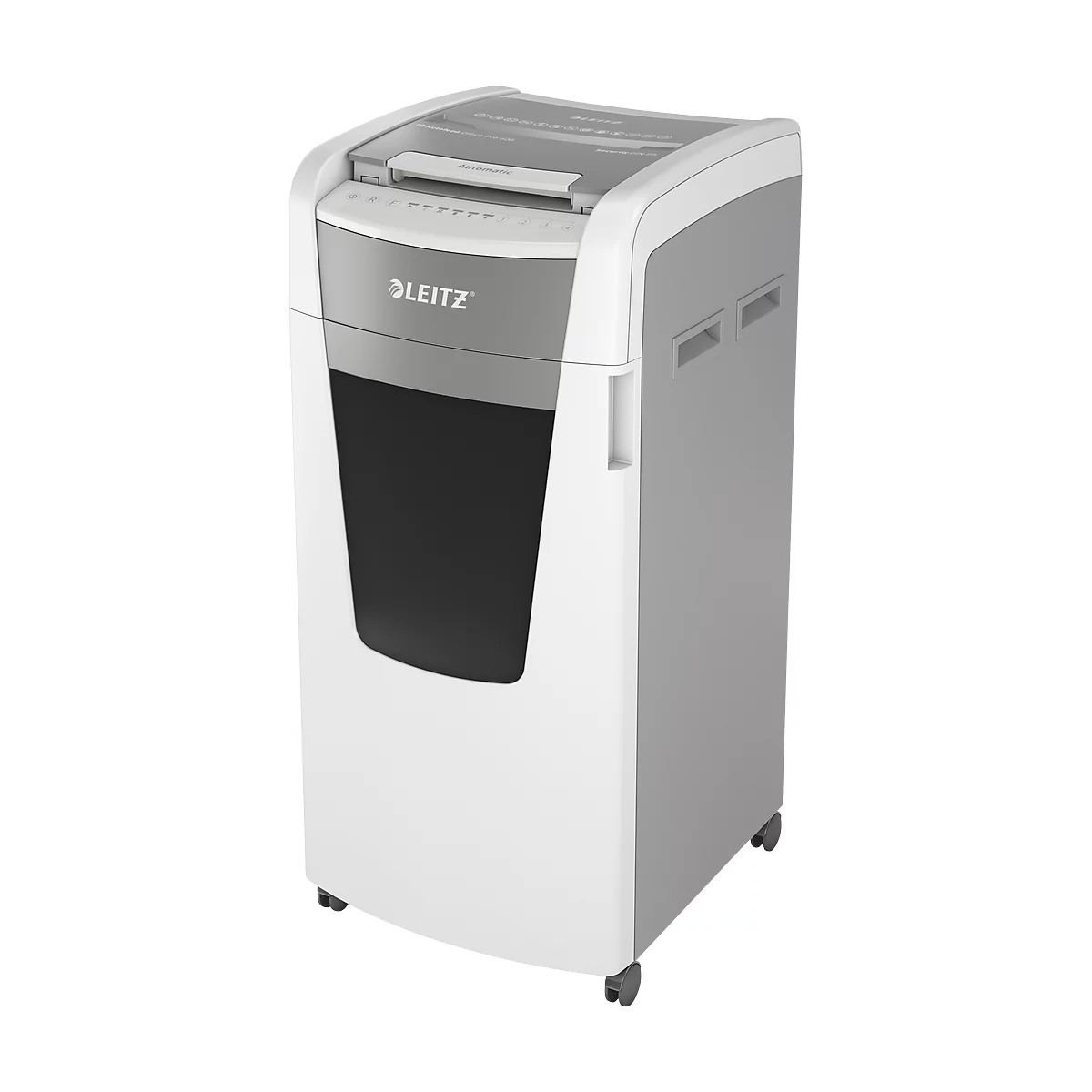 Leitz IQ Autofeed Office Pro 600 papiervernietiger P5, volautomatisch, micro cut 2 x 15 mm, 110 l, snijcapaciteit 600 vel, met rollen, wit