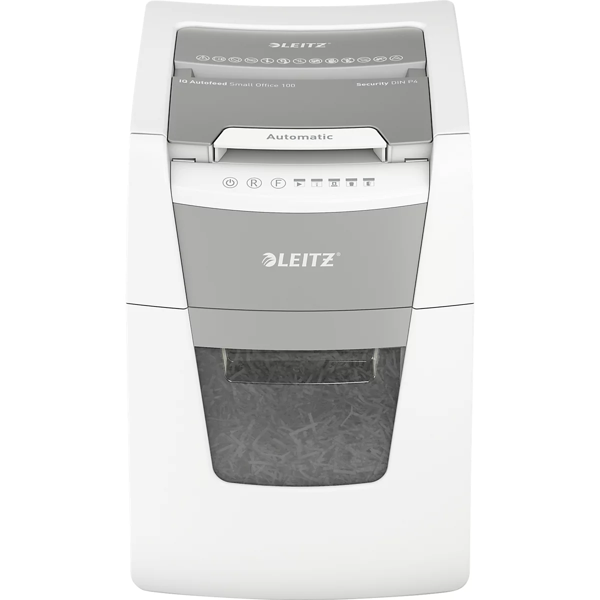 Leitz IQ Autofeed Small Office 100 Aktenvernichter P4, Vollautomatik, Partikelschnitt 4 x 30 mm, 34 l, 100 Blatt Schnittleistung, weiß
