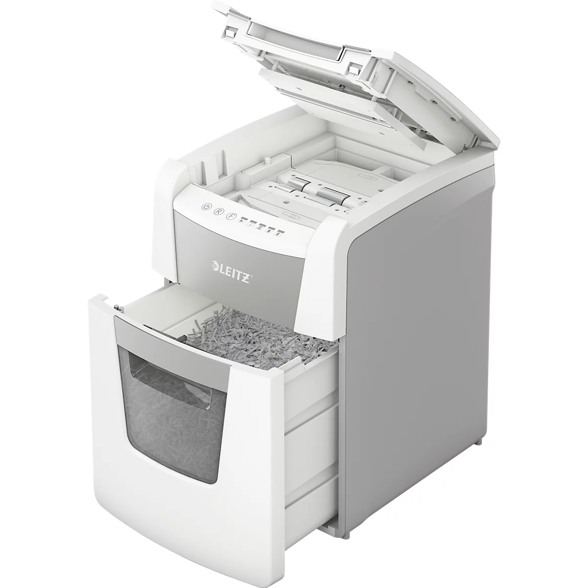 Leitz IQ Autofeed Small Office 100 Aktenvernichter P5, Vollautomatik, Mikroschnitt 2 x 15 mm, 34 l, 100 Blatt Schnittleistung, weiss