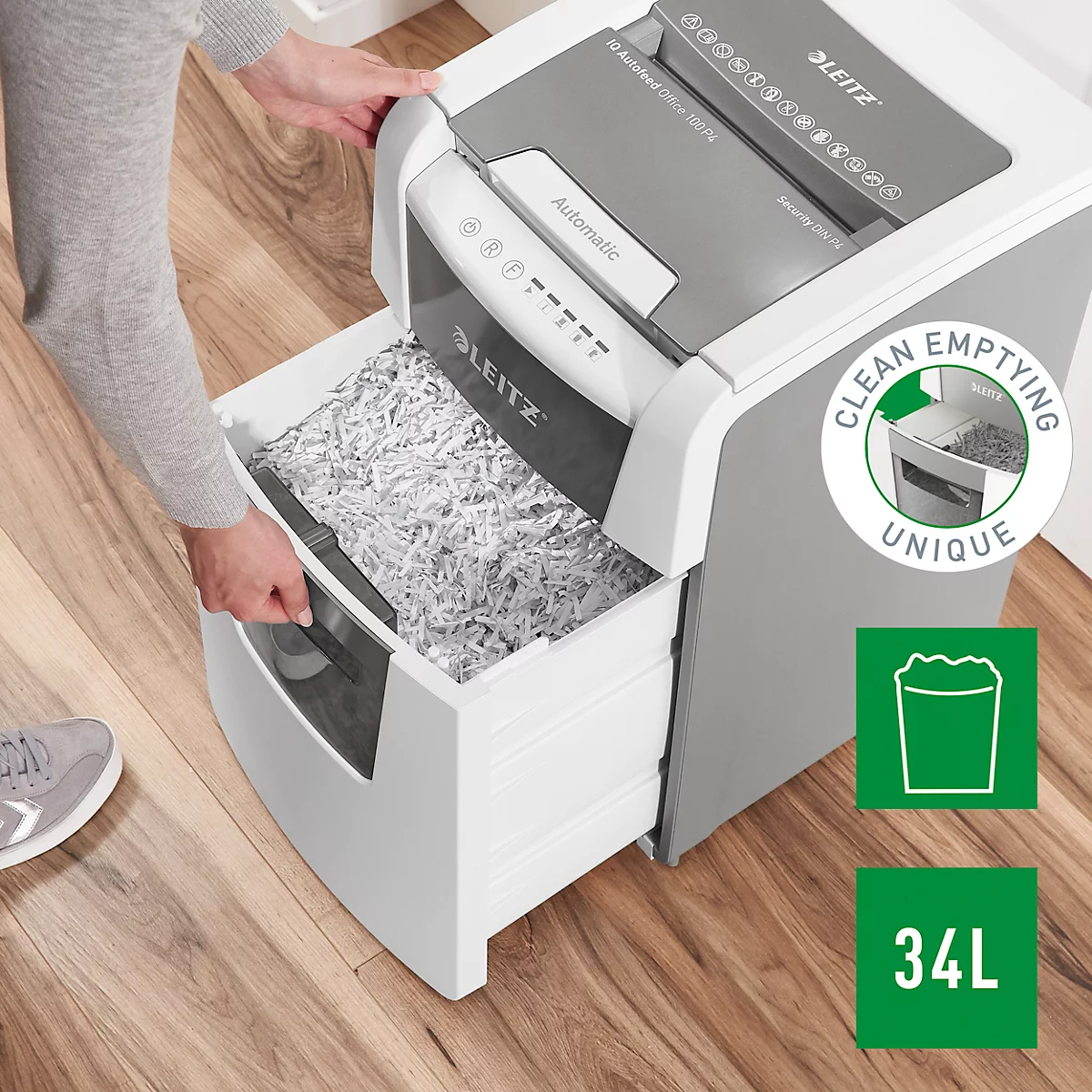 Leitz IQ Autofeed Small Office 100 papiervernietiger P4, volledig automatisch, deeltjes snijden 4 x 30 mm, 34 l, 100 vel snijcapaciteit, wit