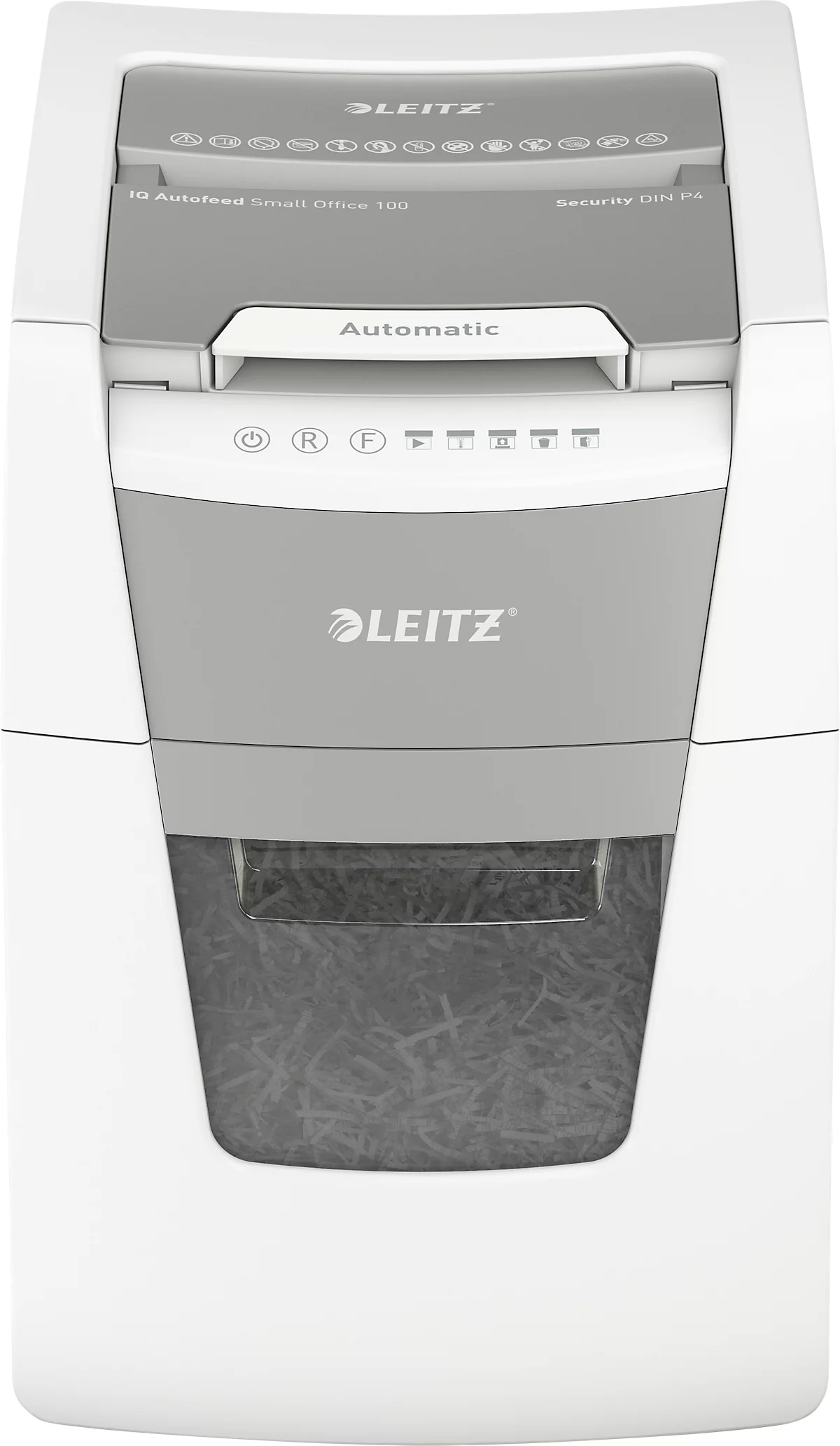 Leitz IQ Autofeed Small Office 100 papiervernietiger P4, volledig automatisch, deeltjes snijden 4 x 30 mm, 34 l, 100 vel snijcapaciteit, wit