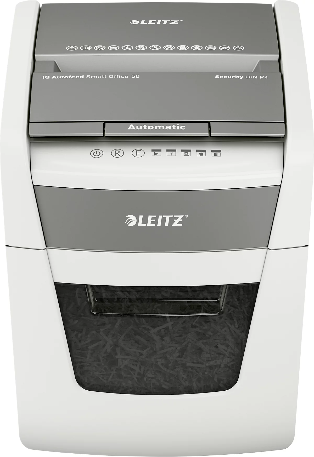 Leitz IQ Autofeed Small Office 50 papiervernietiger P4, volledig automatisch, deeltjes snijden 4 x 30 mm, 20 l, 50 vel snijcapaciteit, wit