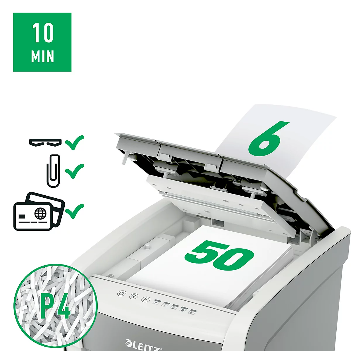 Leitz IQ Autofeed Small Office 50 papiervernietiger P4, volledig automatisch, deeltjes snijden 4 x 30 mm, 20 l, 50 vel snijcapaciteit, wit