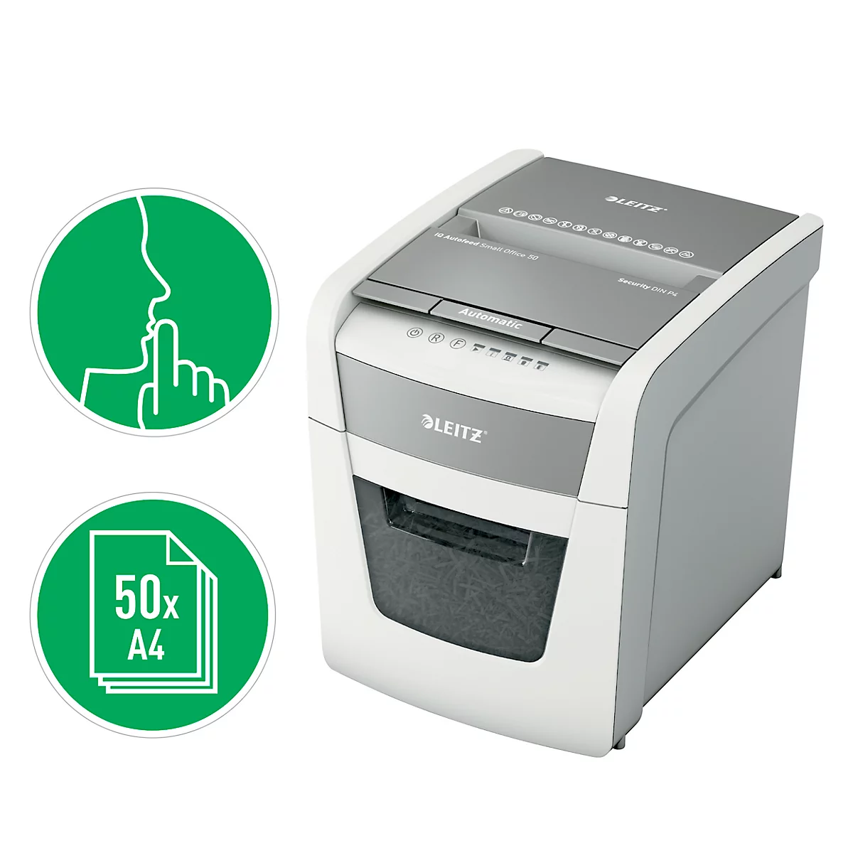 Leitz IQ Autofeed Small Office 50 papiervernietiger P4, volledig automatisch, deeltjes snijden 4 x 30 mm, 20 l, 50 vel snijcapaciteit, wit