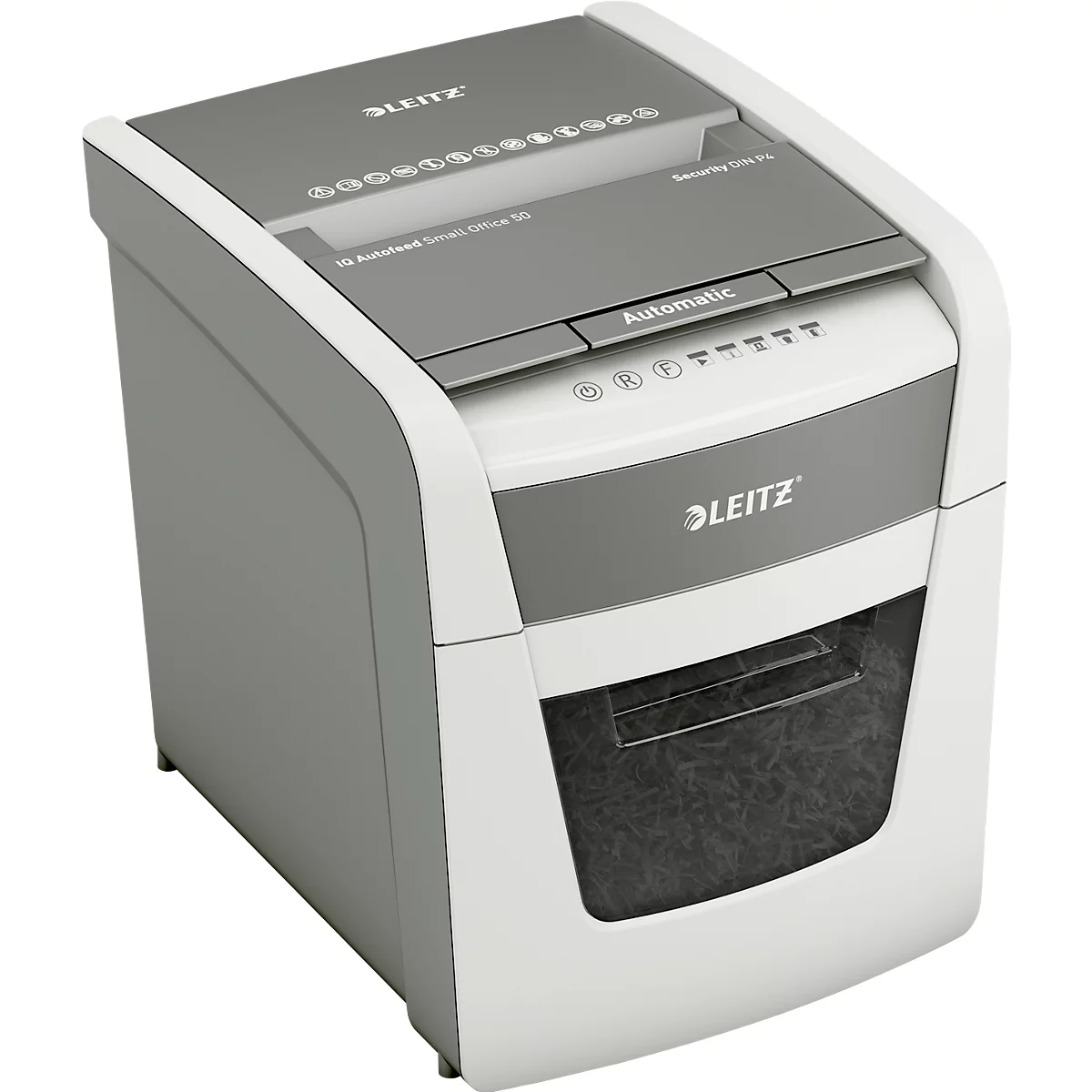 Leitz shredder. White and grey device with "Leitz" logo. Shredded paper visible in the collection container.