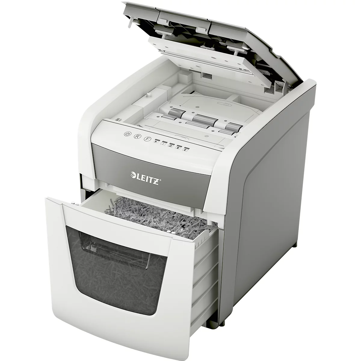 Shredder with open lid and drawer pulled out with shredded papers. Leitz brand.