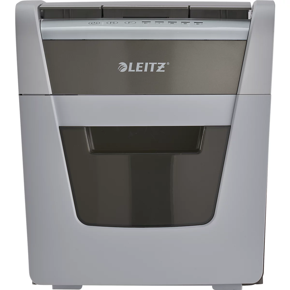 A gray paper shredder from the Leitz brand, framed with white. The Leitz logo is on the dark front.